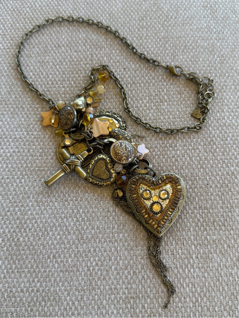 BLV Boho Charm Necklace Cottagecore Steampunk Rhinestone Gold-tone Statement 18”